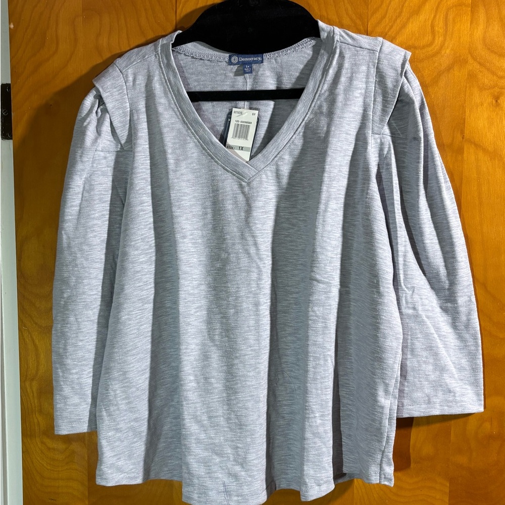 Democracy Women's Grey V-Neck Top with cute shoulder design, size 1X